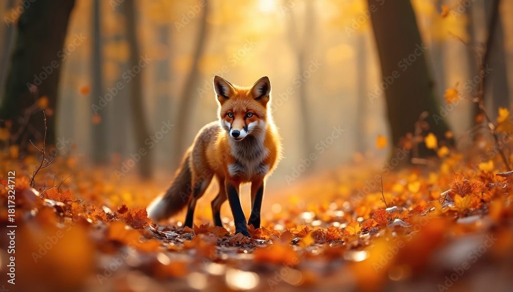 Naklejka premium Red fox stands alert in forest amidst fallen leaves. Sunlit autumn foliage creates warm glow. Wildlife observes surroundings in natural habitat.