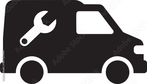 Black silhouette of a service van with a wrench symbol repair tool