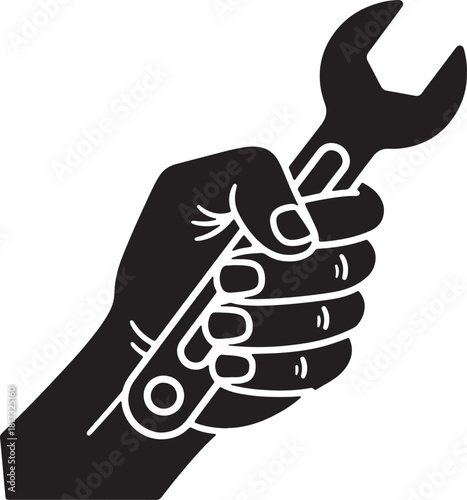 Black silhouette of a hand holding a wrench on a white background tool