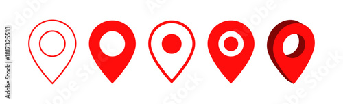 red map location pin icons, in outline, solid fill, and a 3D style, used for navigation, direction and POI marking
