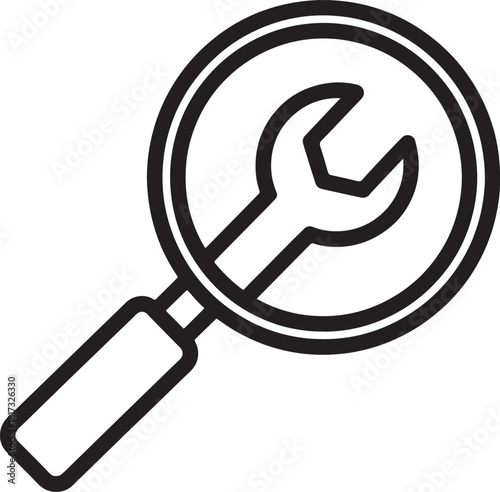 Magnifying glass over wrench icon black and white outline search tool