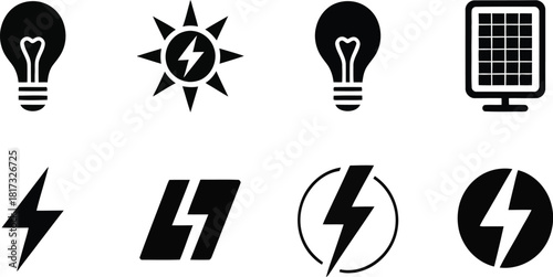 Electricity and Energy Icons Set Lightbulb Solar Panel Lightning Bolt vector illustration