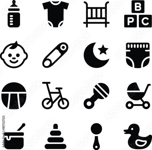 Grid of sixteen black icons related to babies and childcare on white background (81