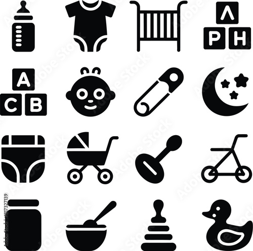 Grid of sixteen black icons related to babies and childcare on white background vector