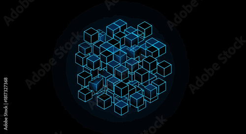 Abstract Geometric Composition Of Cubes In Neon Blue, Against Black Background