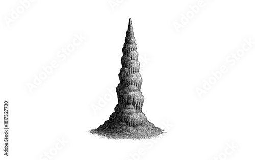 Detailed hand drawn stalagmite artwork in black and white