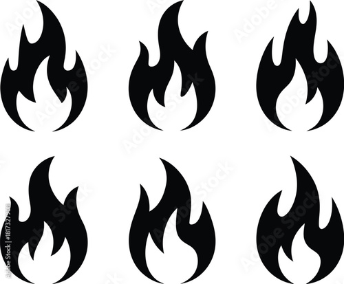 Six black flame icons with white inner shapes on a white background fire heat