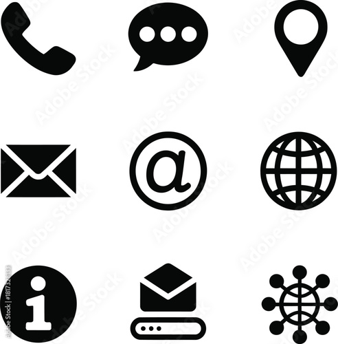 Collection of nine black communication and contact icons on white Keywords: phone, telephone