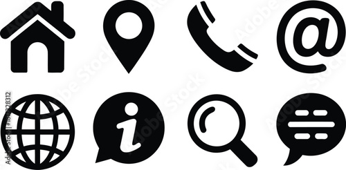 Eight black contact and communication icons arranged in two rows on a white background