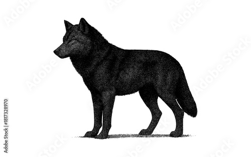 Detailed black wolf dot art on a white background
