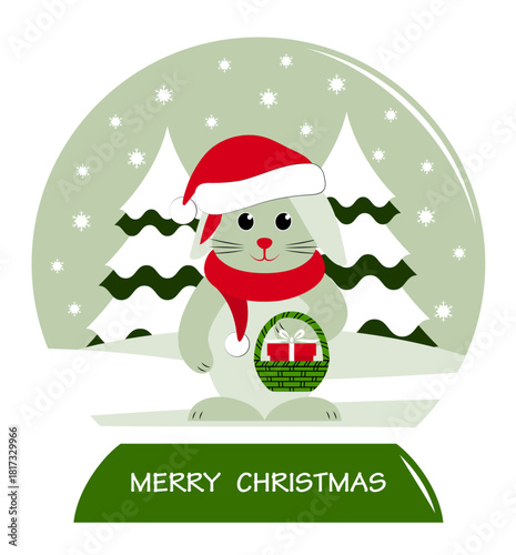 bunny with gift in basket in snow ball isolated on white background