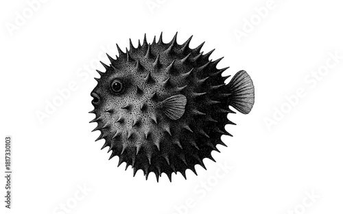 Detailed engraving of a spiky pufferfish in black and white