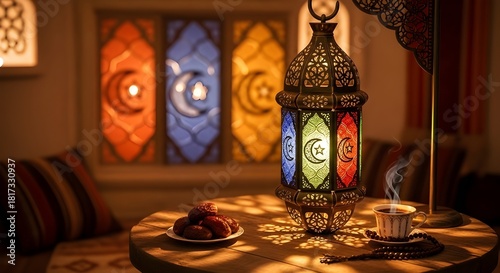 Ornate ramadan lantern glowing on a rustic table with dates and a steaming cup, against vibrant stained glass windows, creating a serene and festive ambiance