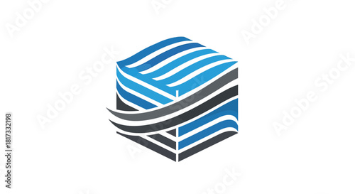 Abstract Geometric Design Featuring Blue, Gray and Black Wave Strata In A Cube Shape