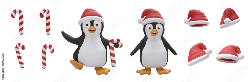 Fototapeta premium A cheerful Christmas 3D vector set featuring cute penguins, festive Santa hats and striped candy canes. The accessory pieces are shown from different angles, isolated on white.