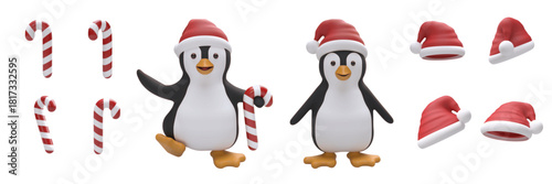 A cheerful Christmas 3D vector set featuring cute penguins, festive Santa hats and striped candy canes. The accessory pieces are shown from different angles, isolated on white.