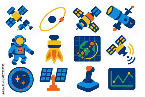 Orbital Operations Icons. Flat vector icons of orbital operations: satellite deployment, orbital path, docking station, space