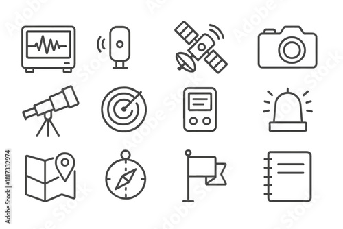 Impact Monitoring Icons. Line style icons of Impact Monitoring Tools: Seismograph, Sensor, Satellite, Camera; Telescope, Radar,