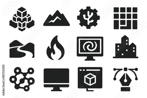 Digital Graphics Icons. Solid style icons of applications in computer graphics: 3D fractal render, digital mountain, algorithm
