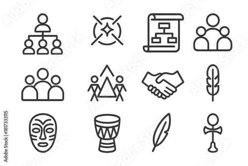 Ethnology Line Icons. Line style icons of Ethnology: Family Tree, Clan Symbol, Ancestry Scroll, Genealogy Chart; Group of People,