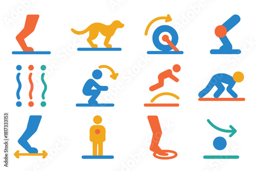 Locomotion Icons Set. Flat vector icons of locomotion strategies: leg lift, tail balance, wheel rotation, articulated joint, gait