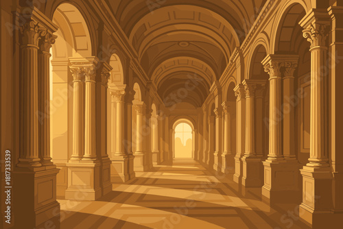 Ornate Architectural Hallway. Grand architectural hallway with ornate columns and soft golden light streaming through, luxurious