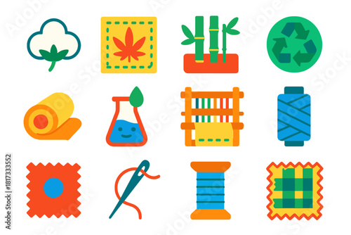 Sustainable Fabric Icons. Flat vector icons of sustainable fabrics: organic cotton, hemp fabric, bamboo textile, recycled