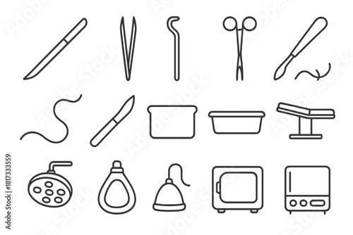 Surgical Tools Icons. Line style icons of Surgical Equipment: Scalpel, Forceps, Retractor, Surgical Clamp; Needle, Suture, Scalpel