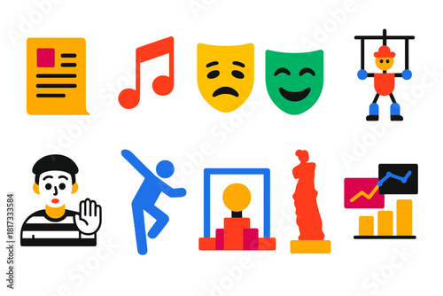 Theatrical Genre Icons. Flat vector icons of theatrical genres: drama script, musical note, tragedy mask, comedy mask, puppet,