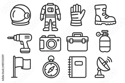 Astronaut Tools Icons. Line style icons of Astronaut Tools: Helmet, Space Suit, Glove, Boot; Drill, Camera, Tool Kit, Oxygen Tank;