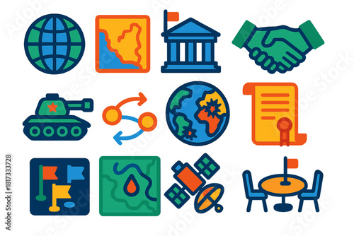 Geopolitical Icon Set. Flat vector icons of geopolitics: globe, border map, embassy building, diplomatic handshake, military icon,