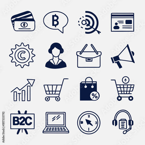 B2C icon set. Business to consumer, e-commerce, customer service, retail, digital marketing, direct sales, customer experience, online store and more. Solid vector icons collection.