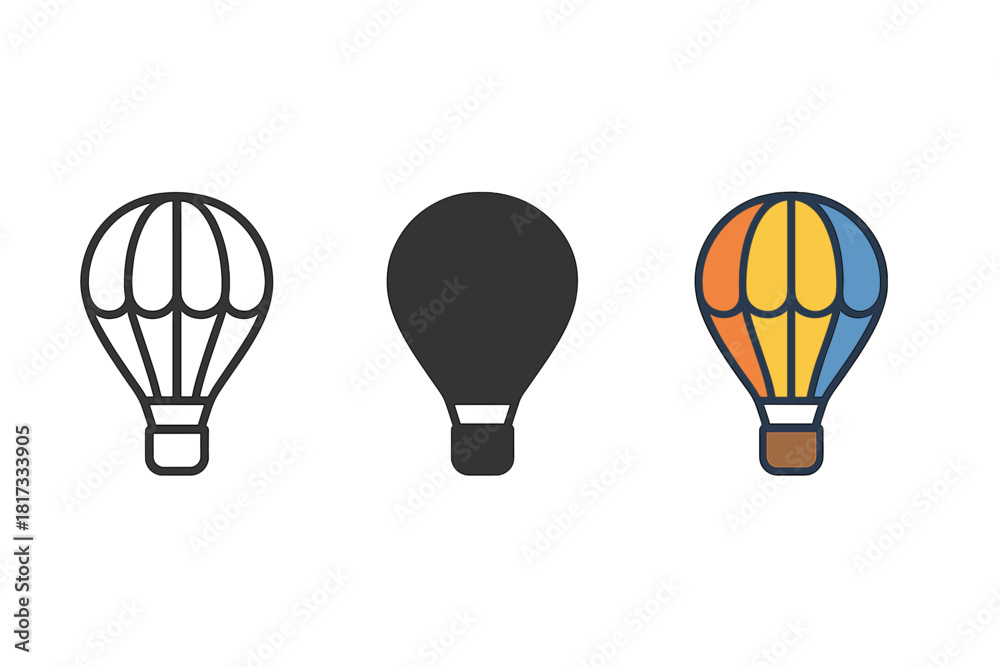 Fototapeta premium Minimalist Balloon Icon. Minimalist hot air balloon icon: three identical balloons with baskets below in a row, first in line