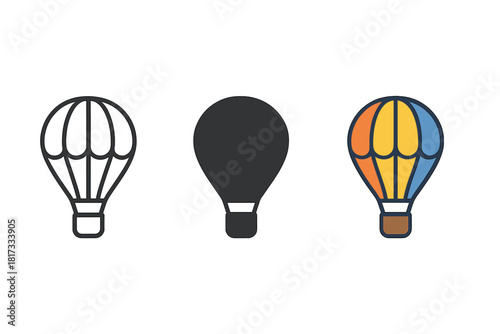 Minimalist Balloon Icon. Minimalist hot air balloon icon: three identical balloons with baskets below in a row, first in line