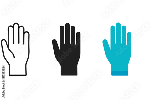 Minimalist Gloves Icon. Minimalist medical gloves icon: three identical gloves in open palm view in a row, first in line style