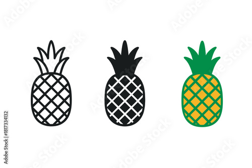 Pineapple Icon Variations. Minimalist pineapple fruit icon: three identical pineapples with spiky tops in a row, first in line