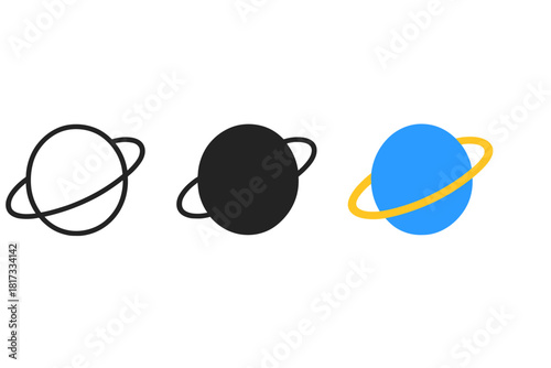 Minimalist Planet Trio. Minimalist planet icon: three identical round planets with ring around them in a row, first in line style
