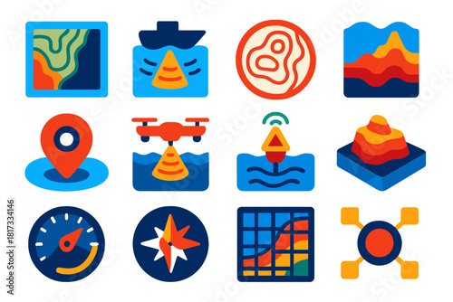 Ocean Mapping Icons. Flat vector icons of ocean mapping: bathymetric chart, sonar beam, contour lines, underwater topography, map