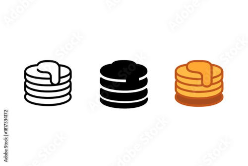 Pancake Styles Icon. Minimalist pancake breakfast icon: three identical stacks of pancakes with syrup on top in a row, first in