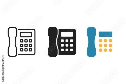 Minimalist Phone Trio. Minimalist office phone icon: three identical desk phones with handset and keypad in a row, first in line