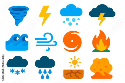 Extreme Weather Icons. Flat vector icons of extreme weather: tornado, lightning strike, hailstorm, storm cloud, flood waves, wind