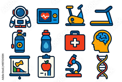 Astronaut Health Icons. Flat vector icons of astronaut health: astronaut suit, heart rate monitor, exercise bike, treadmill,