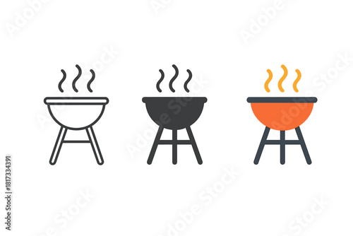 Minimalist Grill Icons. Minimalist grill cooking icon: three identical round grills with legs in a row, first in line style with