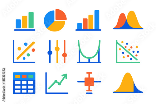 Modern Statistics Icons. Flat vector icons of statistics: bar chart, pie chart, histogram, probability curve, scatter plot, mean