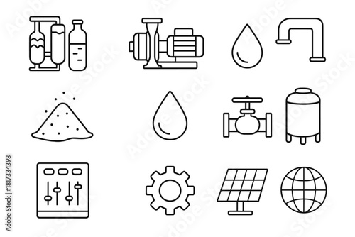 Desalination Process Icons. Line style icons of Desalination: Reverse Osmosis Plant, Pump, Filter, Pipe; Salt, Water Droplet,