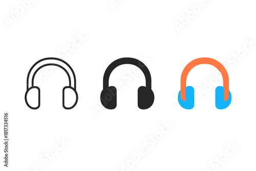 Headphones Icon Trio. Minimalist headphones icon: three identical over-ear headphones in a row, first in line style with thin