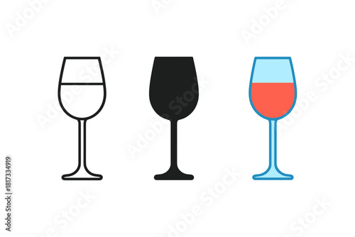 Minimalist Wine Glass Icons. Minimalist wine glass icon: three identical tall wine glasses in a row, first in line style with thin