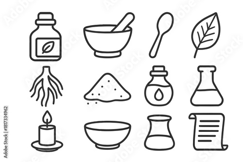 Healing Tools Icons. Line style icons of Healing Tools: Tincture Bottle, Mortar, Pestle, Spoon; Leaf, Root, Powder, Oil; Candle,