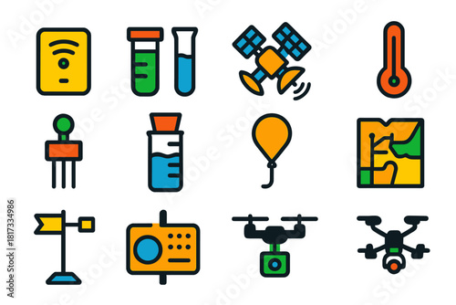 Environmental Monitoring Icons. Flat vector icons of environmental monitoring: air quality sensor, water testing kit, satellite,