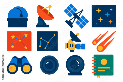 Space Observation Icons. Flat vector icons of space observation: observatory dome, radio telescope, satellite array, sky map, star